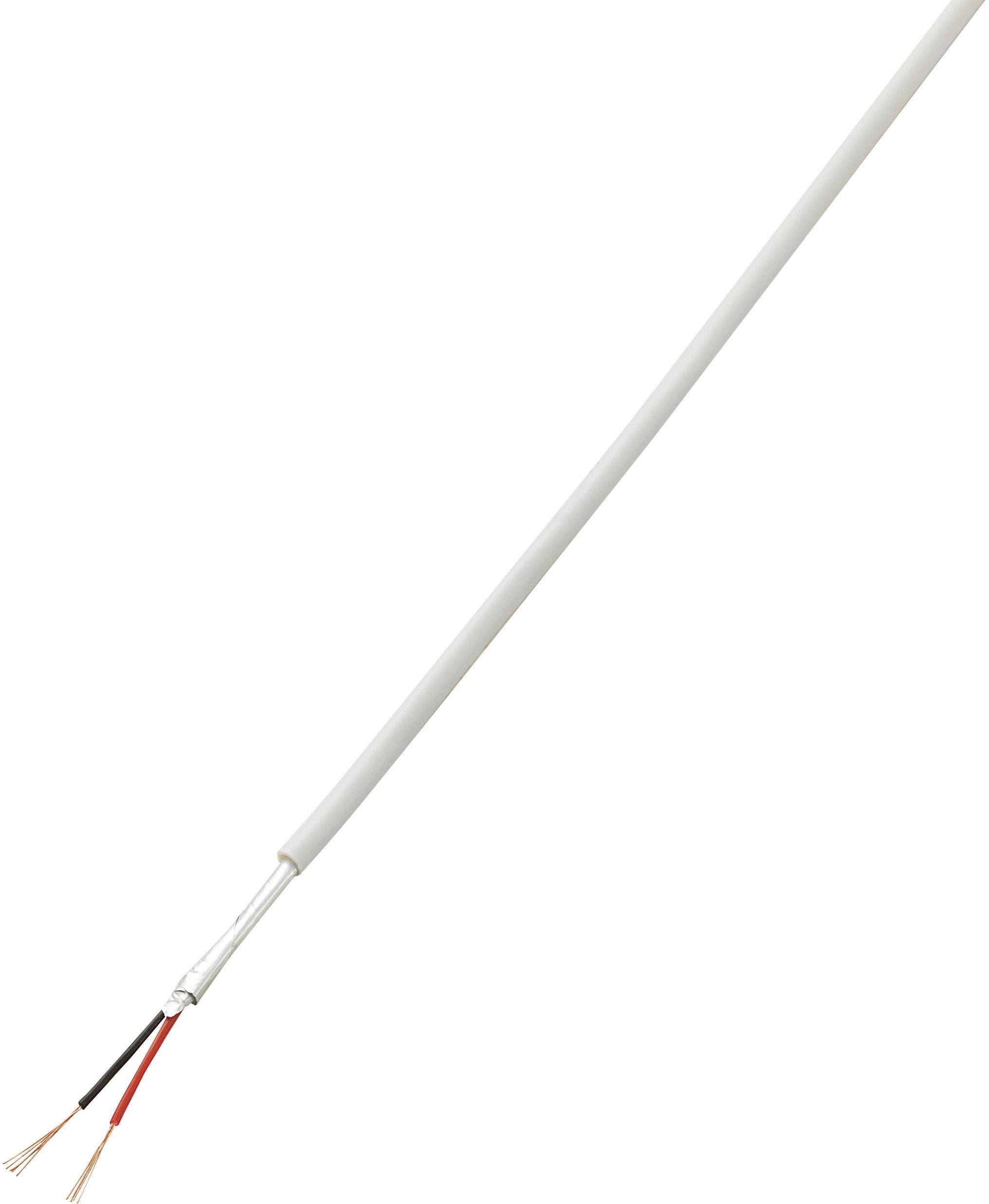 Un câble électrique blanc avec des fils rouges et noirs apparents à une extrémité, sur un fond neutre.