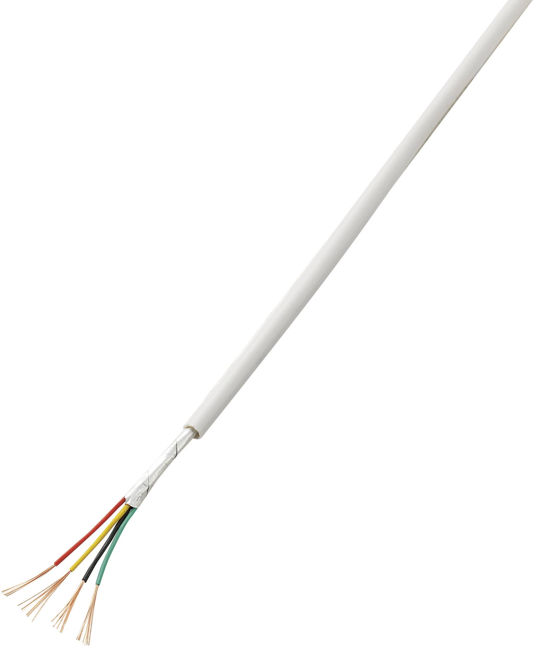 Un câble ouvert avec cinq fils de différentes couleurs (rouge, noir, vert, jaune, blanc) dépassant d'une gaine de câble blanche.