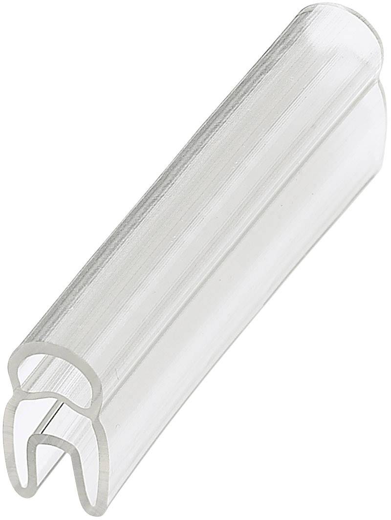 Un segment de profilé en plastique transparent à section en forme de U, probablement utilisé pour des éléments de protection ou de jonction.