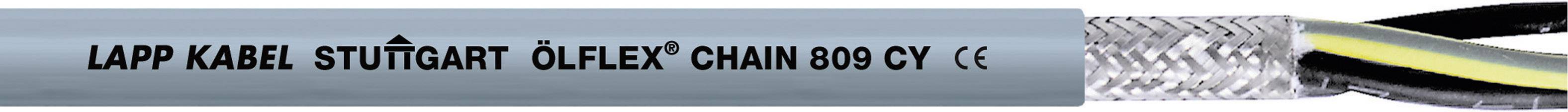 Câble industriel gris portant l'inscription « Lapp Kabel Stuttgart, Ölflex Chain 809 CY », montrant un blindage de fil et des isolations en noir et jaune.