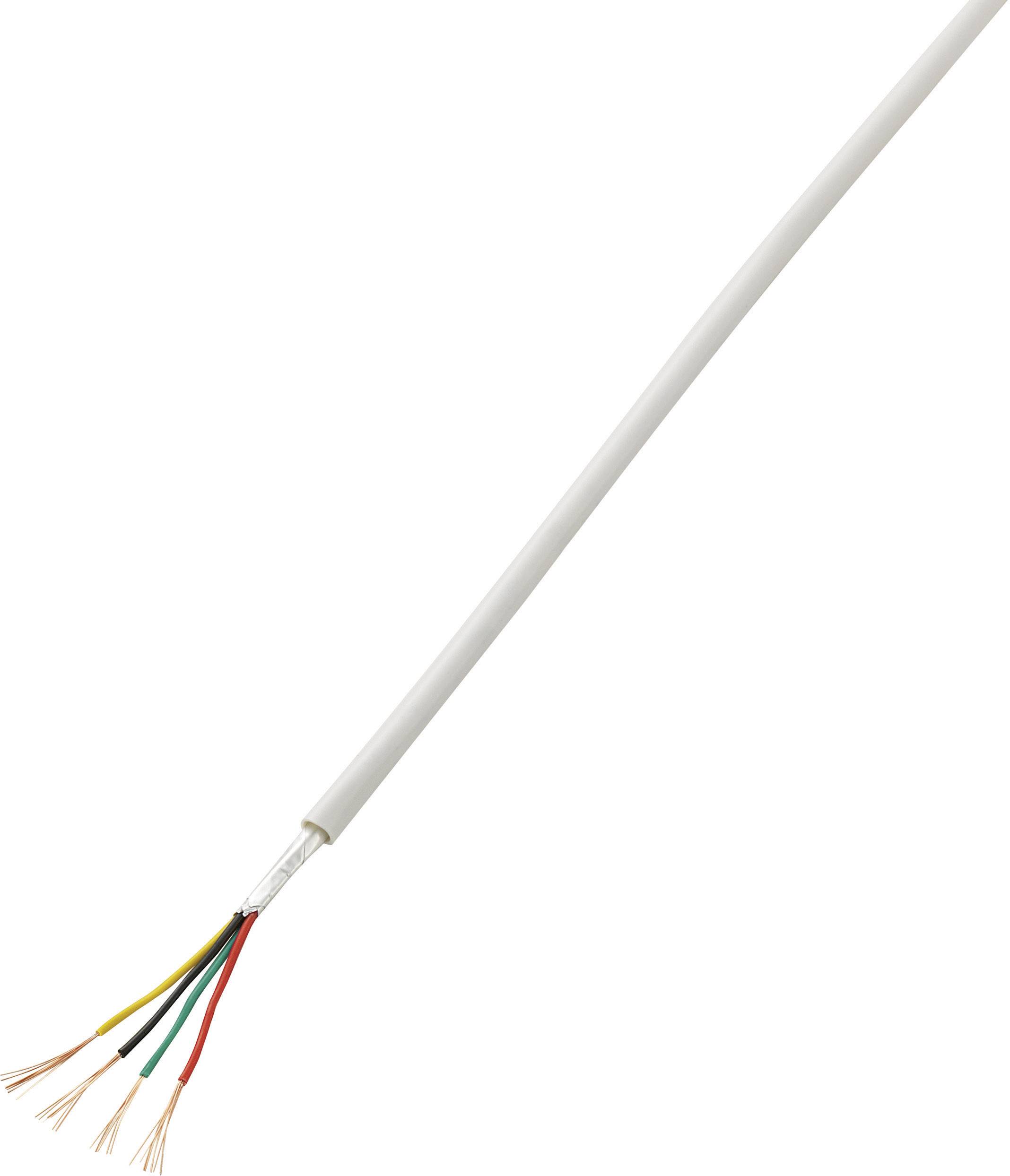 Un câble multiconducteur à gaine blanche présente quatre fils de couleurs différentes : rouge, vert, jaune et noir, dont les brins de cuivre sont visibles.