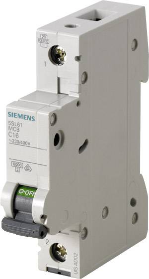Illustration d'un disjoncteur gris Siemens portant l'étiquette '5SL61 MCB C16, 230/400V'.