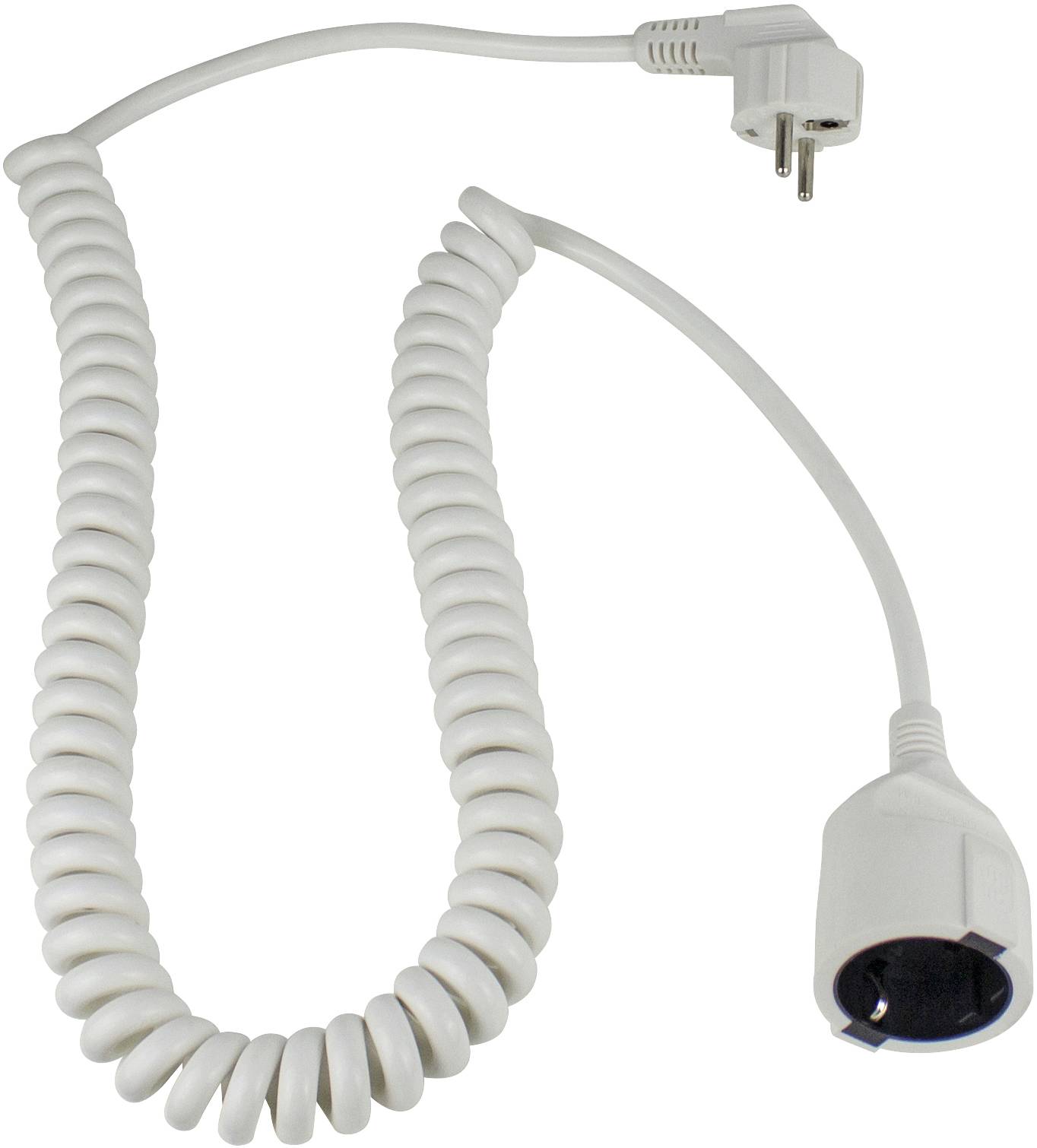 Un câble de rallonge blanc et spiralé avec une fiche bipolaire et une prise à son extrémité est posé sur une surface.