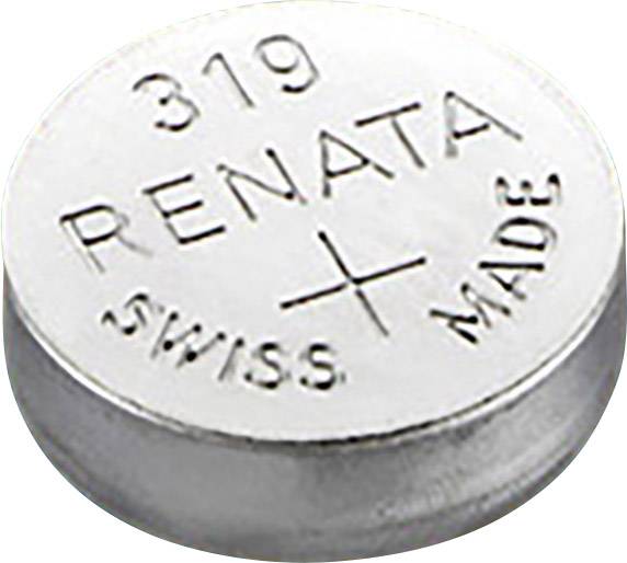 Pile ronde argentée avec l'inscription « 319 RENATA SWISS MADE » visible au premier plan.
