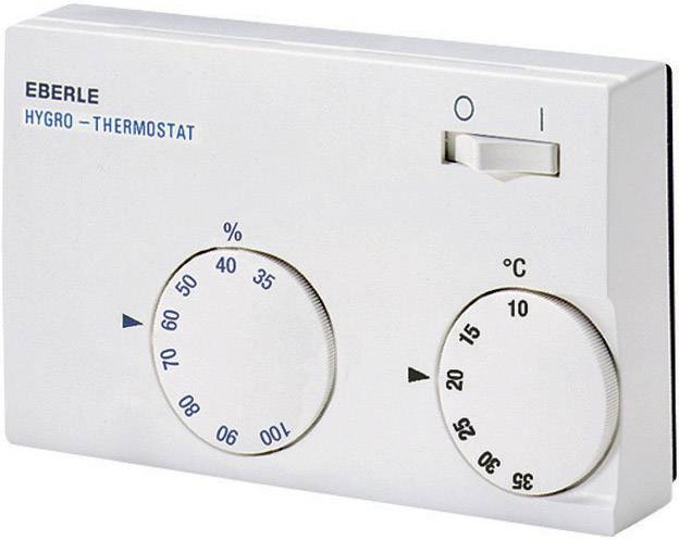 Un hygro-thermomètre avec deux boutons rotatifs ; à gauche pour régler l'humidité en pourcentage, à droite pour régler la température en degrés Celsius.