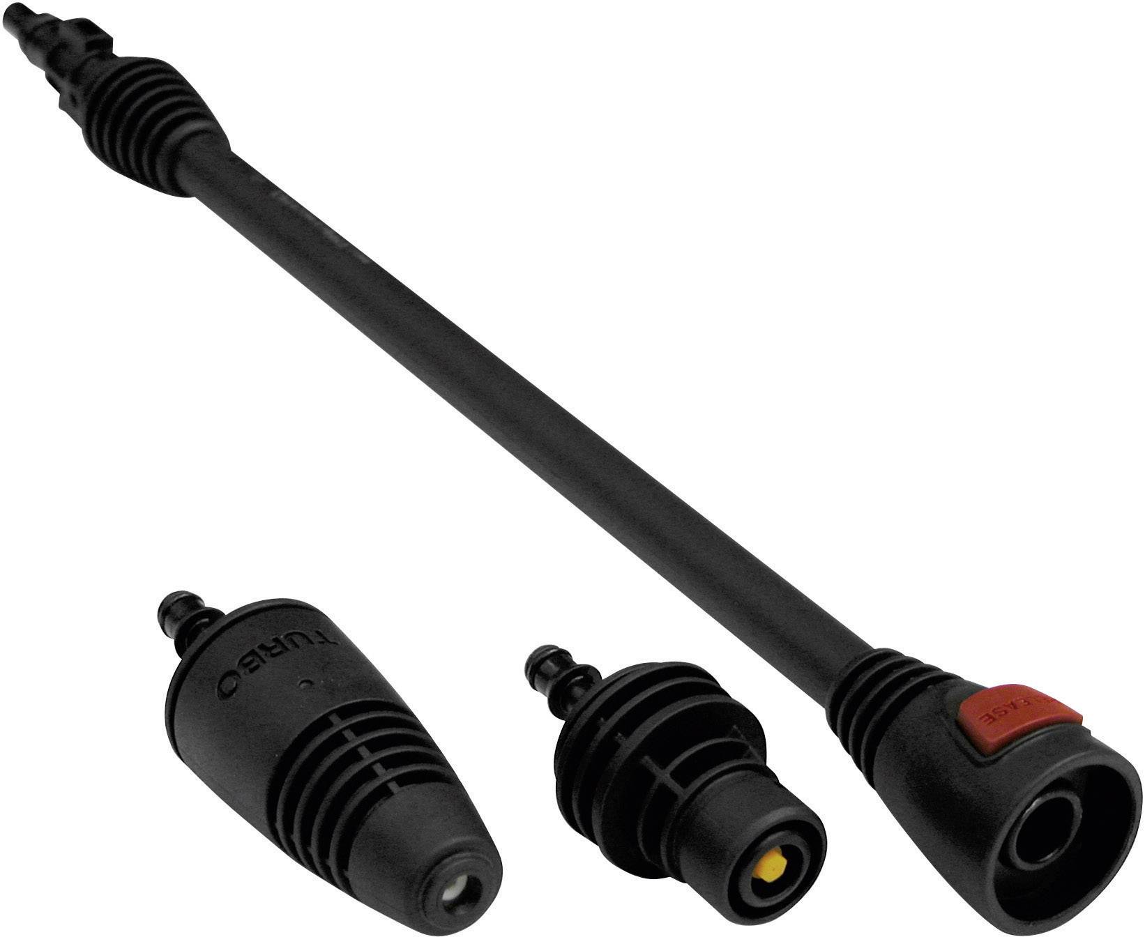 Trois embouts de nettoyeur haute pression noirs côte à côte : une lance de rallonge, une buse conique et un adaptateur à baïonnette.