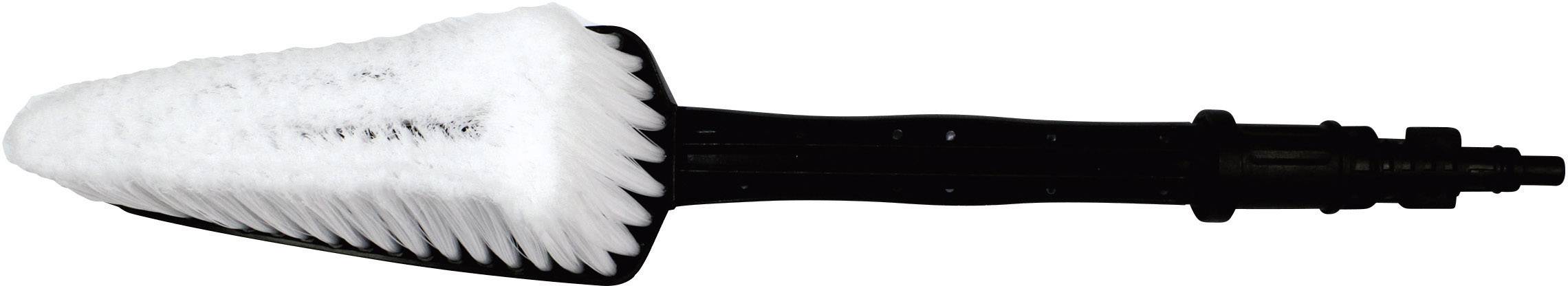 Brosse blanche à manche noir en forme de triangle, adaptée à l'entretien automobile ou au nettoyage des zones difficiles d'accès.