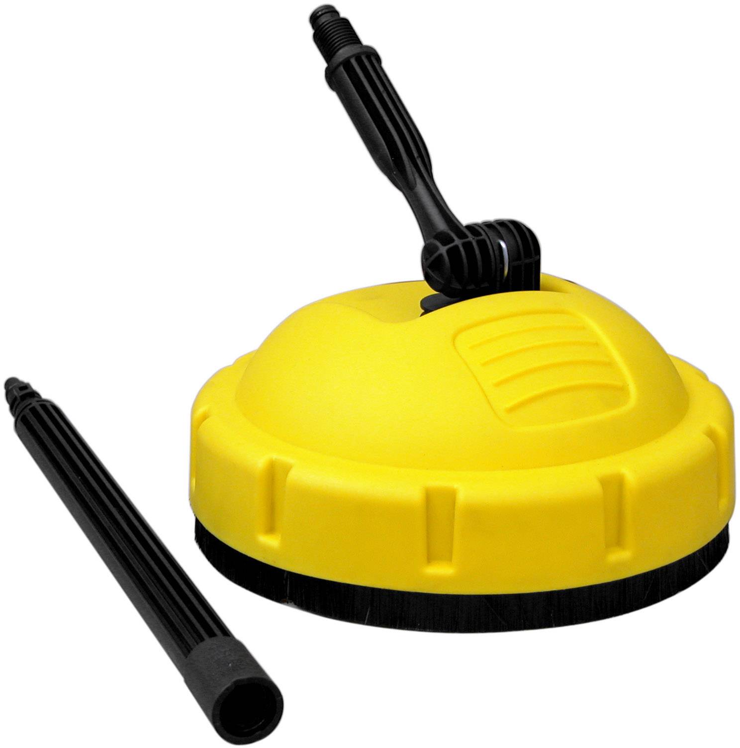 Nettoyant de surface jaune avec couronne de brosse noire et manche amovible, adapté pour le nettoyage efficace des terrasses.