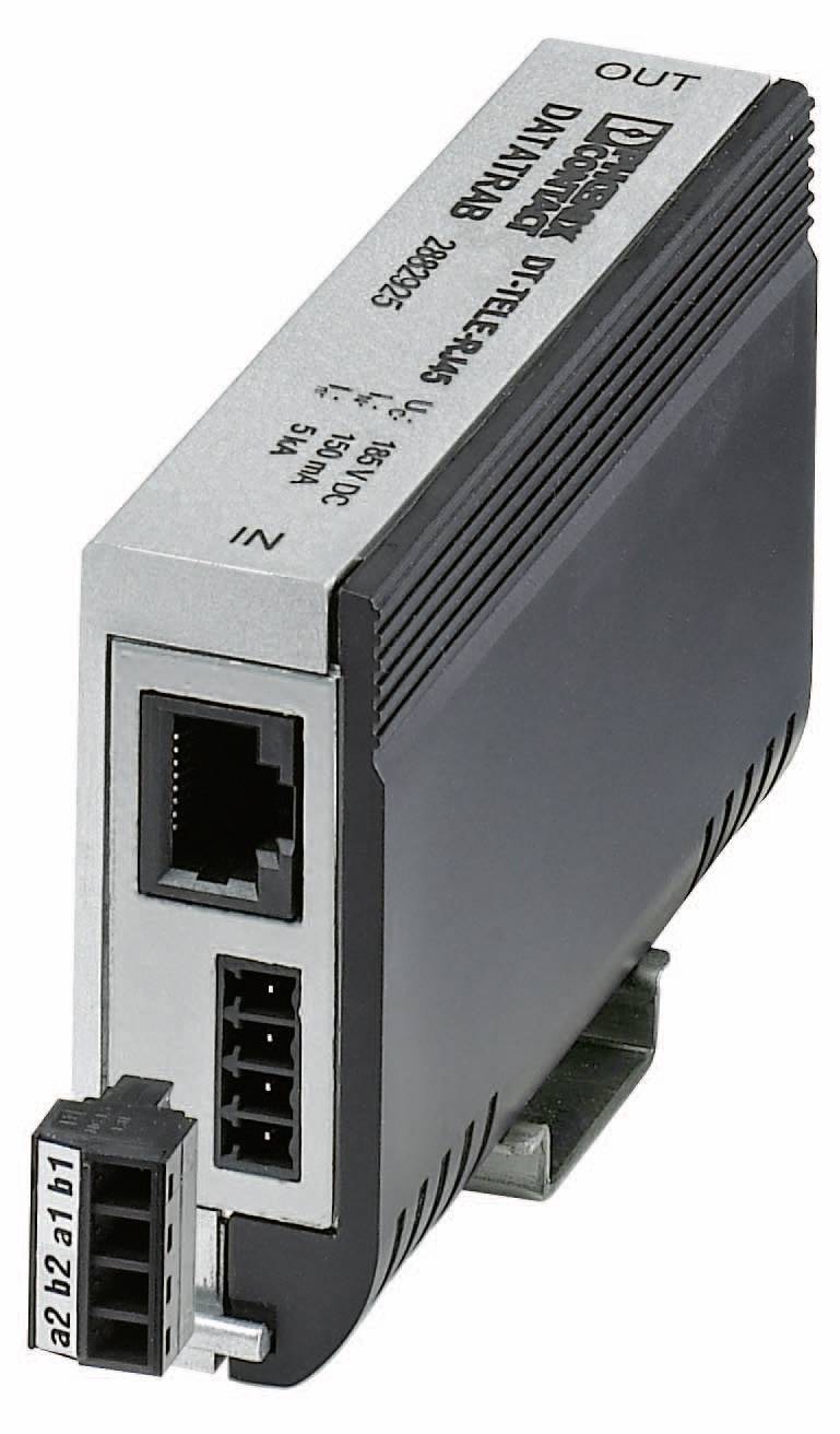 Un appareil électronique gris avec des connexions Ethernet et d'alimentation. Marqué 'IN', 'OUT', et numéro de série en haut.