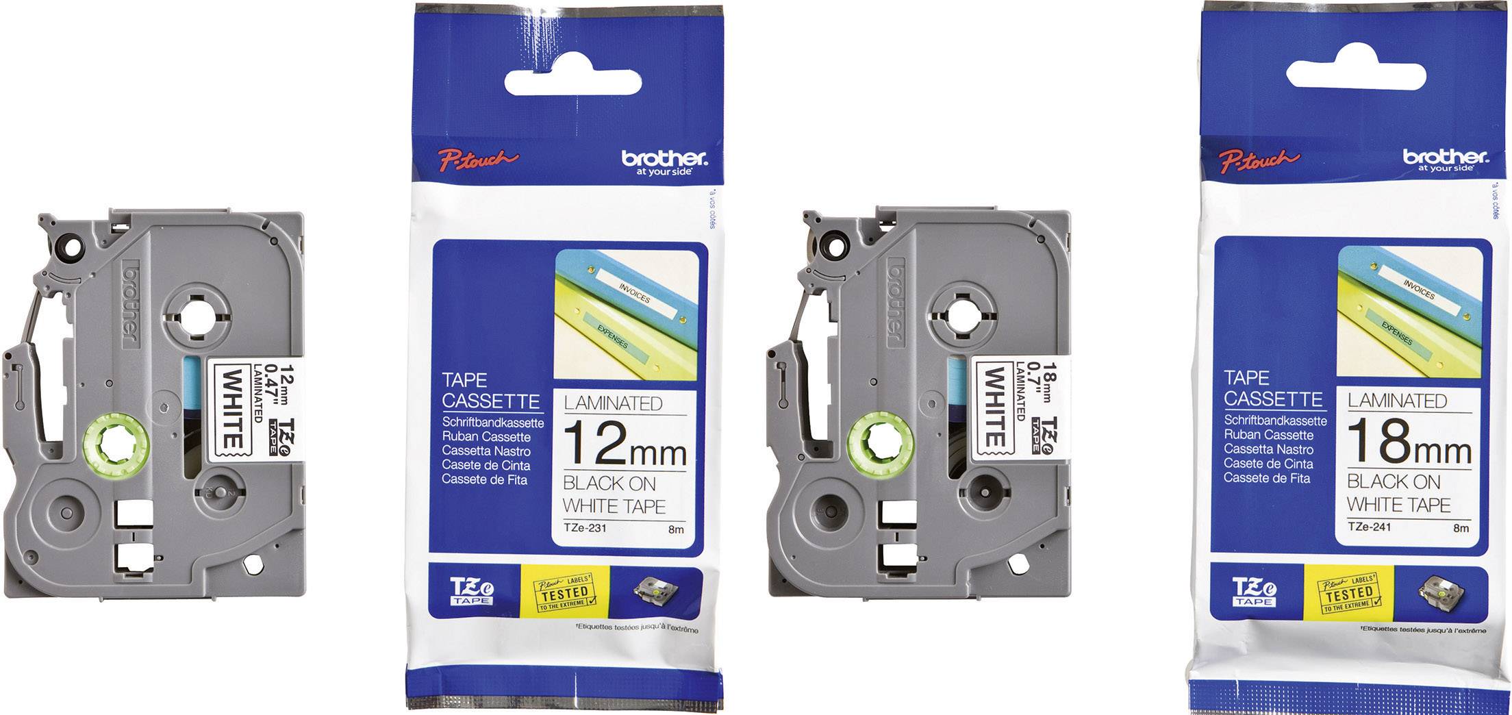 Trois cassettes de ruban d'étiquettes Brother : deux de 12 mm et une de 18 mm, toutes avec du texte noir sur fond blanc.