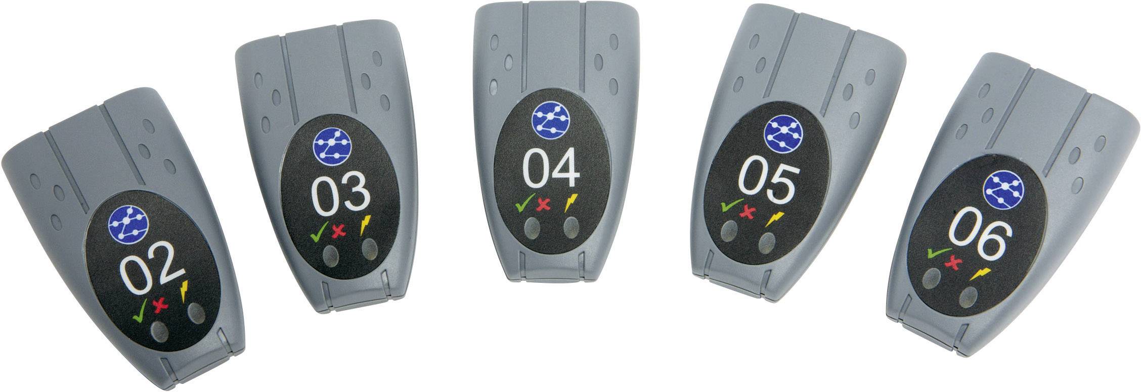 Cinq télécommandes grises numérotées de 02 à 06, portant des symboles colorés pour différentes fonctions. Elles sont disposées en une légère ligne courbe.