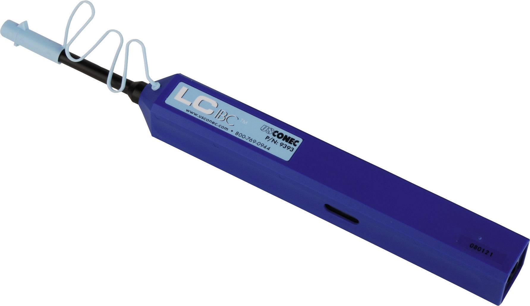 Stylo de nettoyage de fibres bleu avec une pointe qui nettoie une fibre optique. Nom de marque et numéro de modèle imprimés sur le côté.