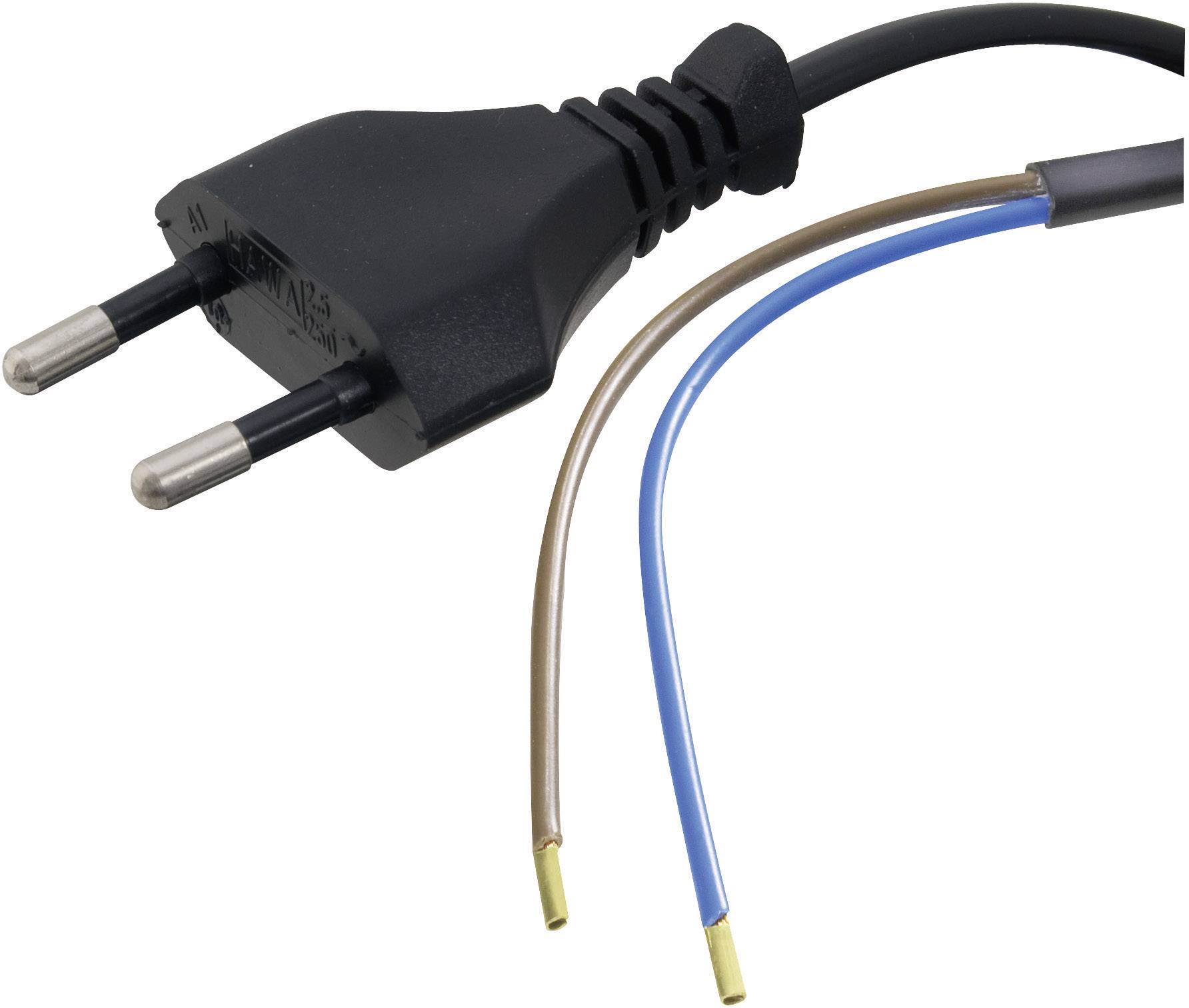 Une prise électrique noire avec deux fils dénudés, l'un bleu et l'autre marron, indiquant que la prise n'est pas encore complètement assemblée.