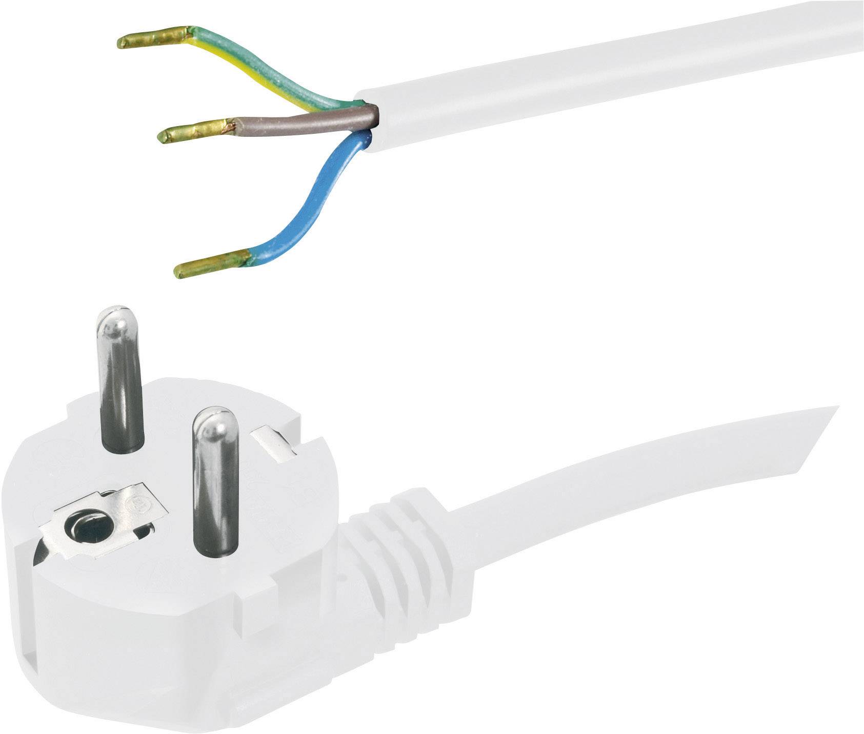 Un câble électrique blanc avec une fiche et des fils apparents : bleu, marron, vert-jaune. Symbole de travaux électriques ou de réparations.