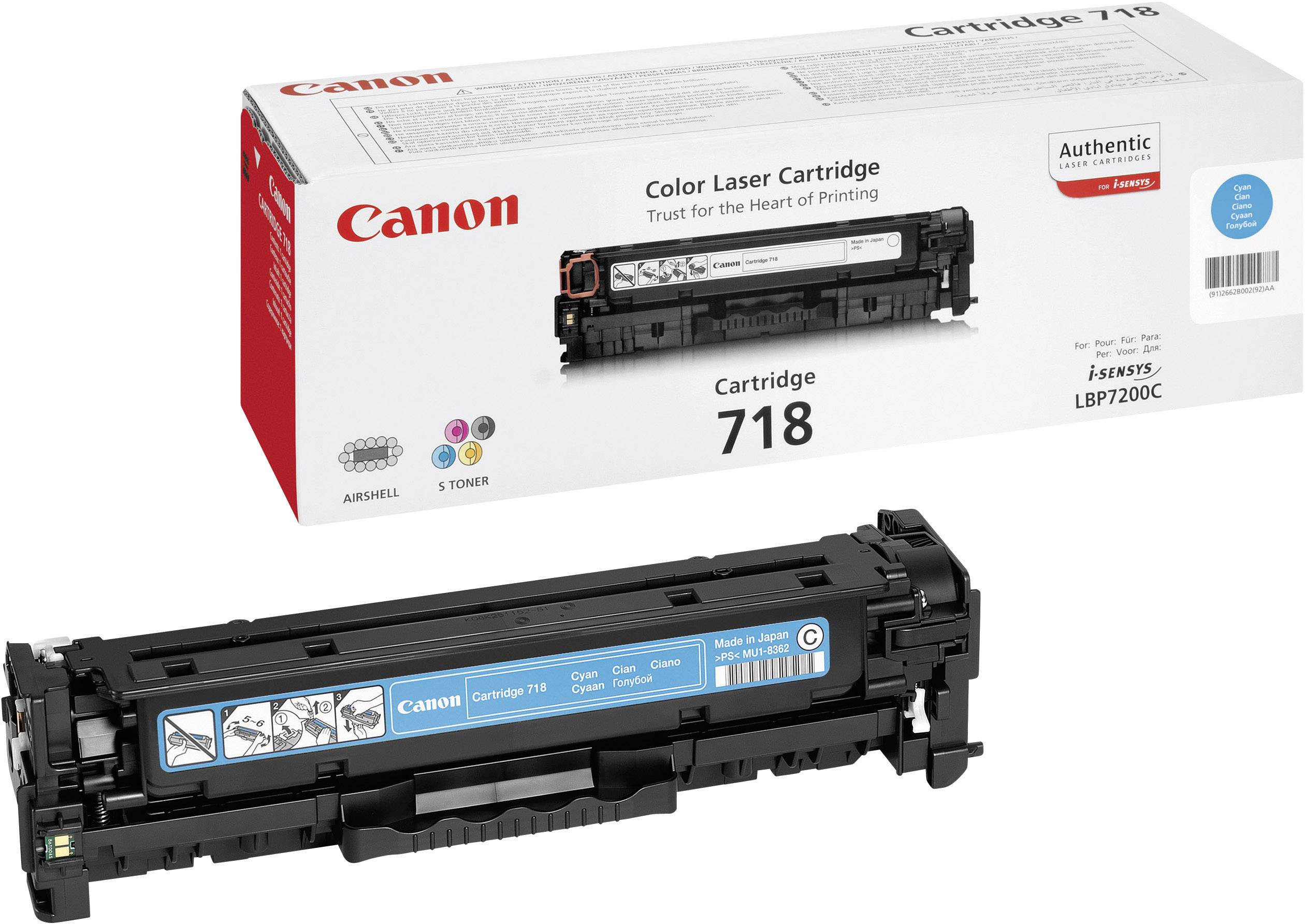 'Canon Farb-Laserkartusche 718' vor Verpackung. Zur Verwendung in Druckern, bietet hochwertige Druckqualität. Geeignet für Papiertypen.