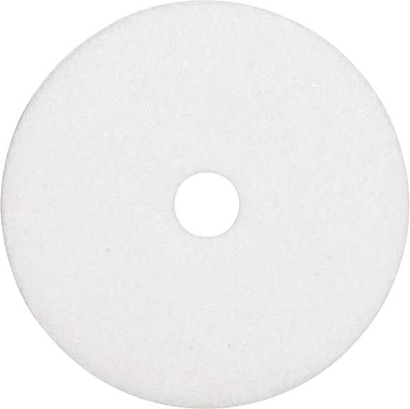 Disque rond et plat de couleur blanche avec un trou central ; pourrait être un tampon de ponçage ou de polissage.