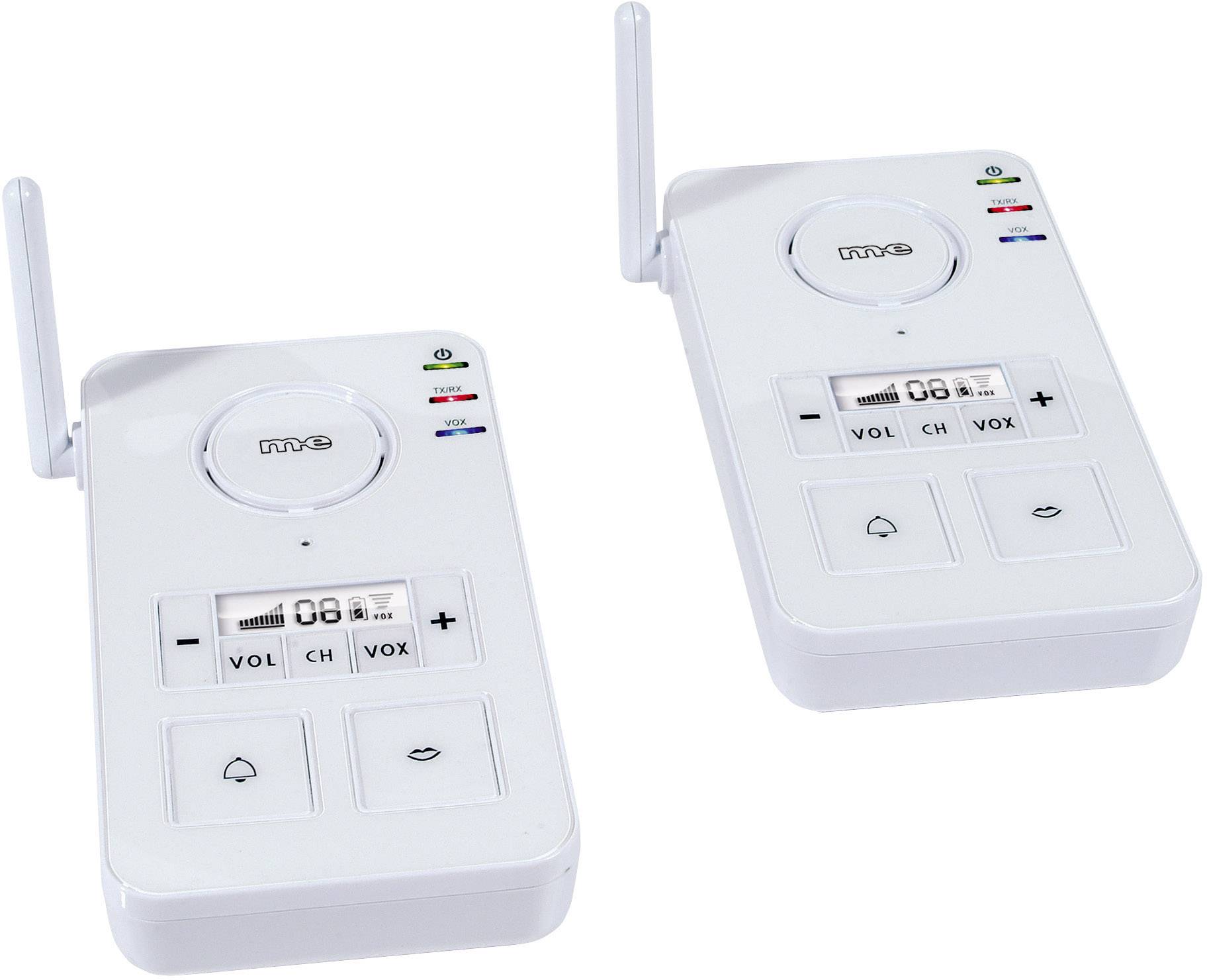 Deux unités de babyphone blanches avec des antennes et des écrans numériques affichant les réglages de volume et de canal.