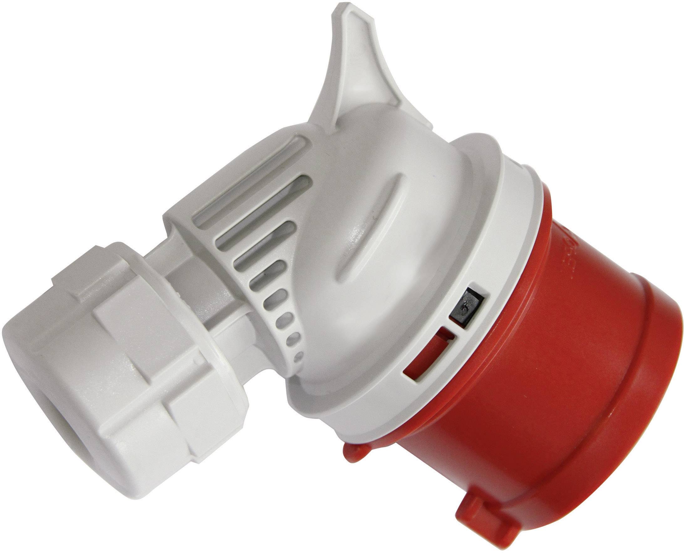 'Fiche d'angle en plastique avec boîtier rouge et blanc et un dispositif de verrouillage. Utilisée dans les applications de connecteurs industriels.'