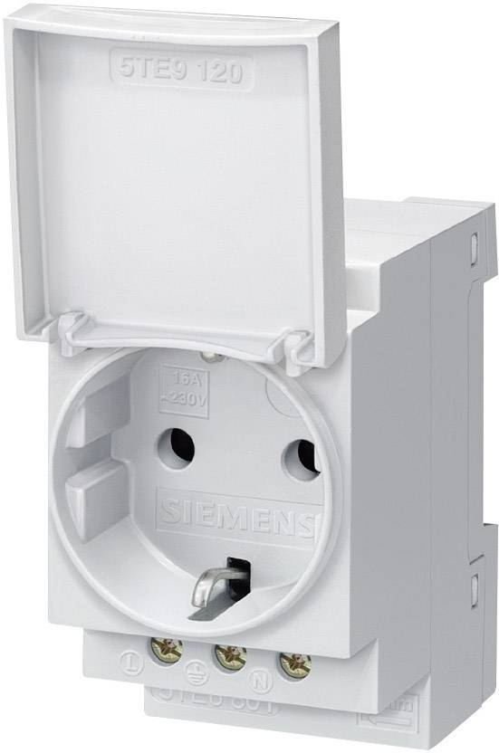 Prise de courant électrique de sécurité en blanc, adaptée au montage dans un boîtier de distribution, représentée avec le couvercle de protection ouvert.
