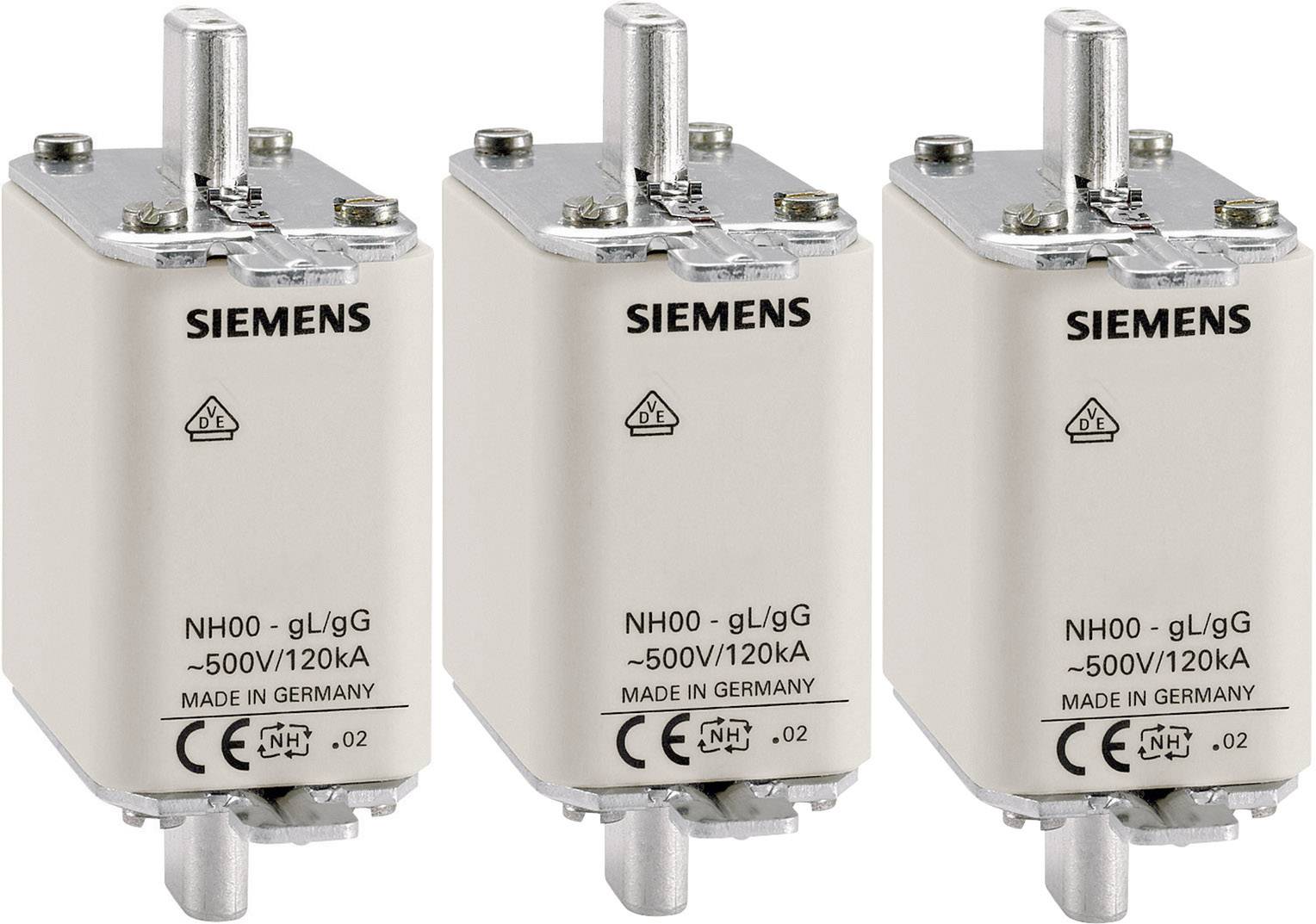 Trois cartouches de fusibles blancs Siemens, type NH00, gL/gG, 500V/120kA. 'Made in Germany.'