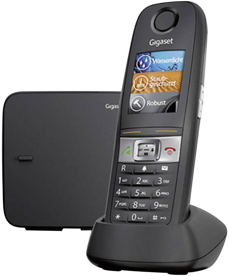 Un téléphone sans fil noir avec une station de base. Sur l'écran, on peut voir des symboles et les mots 'Étanche', 'Résistant à la poussière', 'Robuste'.