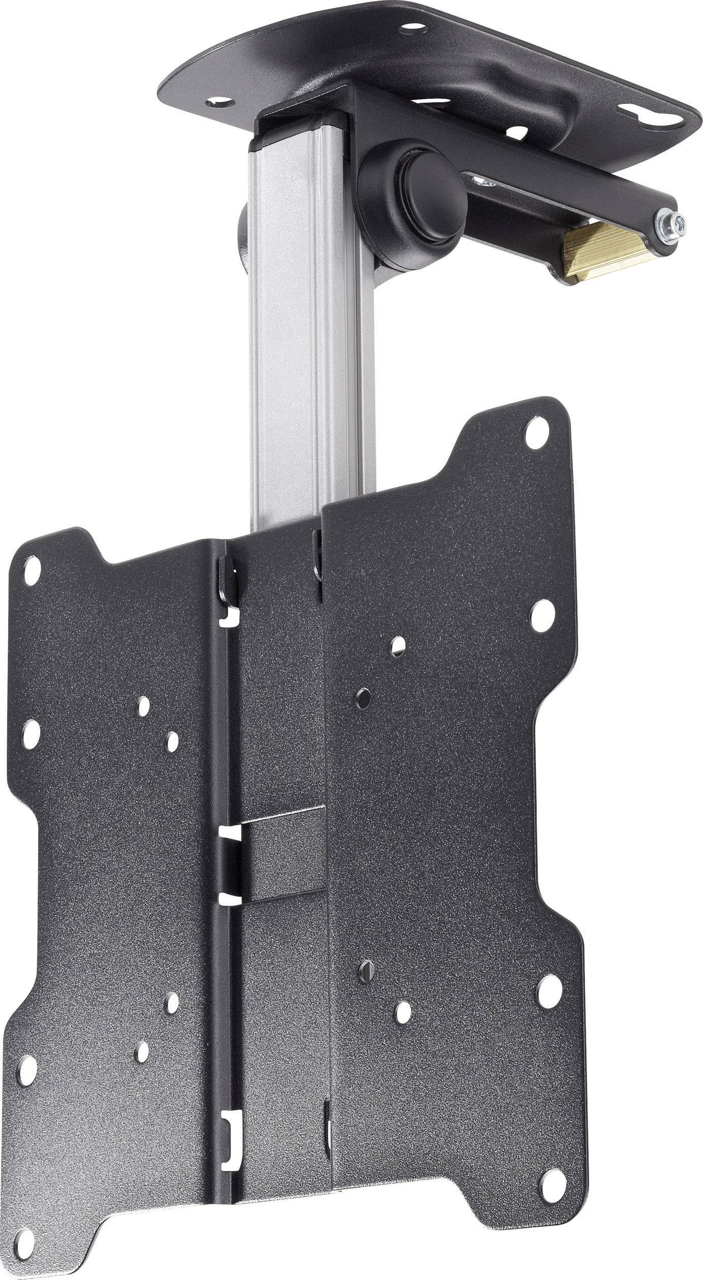 Support de plafond pour téléviseur en métal, noir, avec bras réglable et plaque de montage, adapté à différentes tailles d'écran.