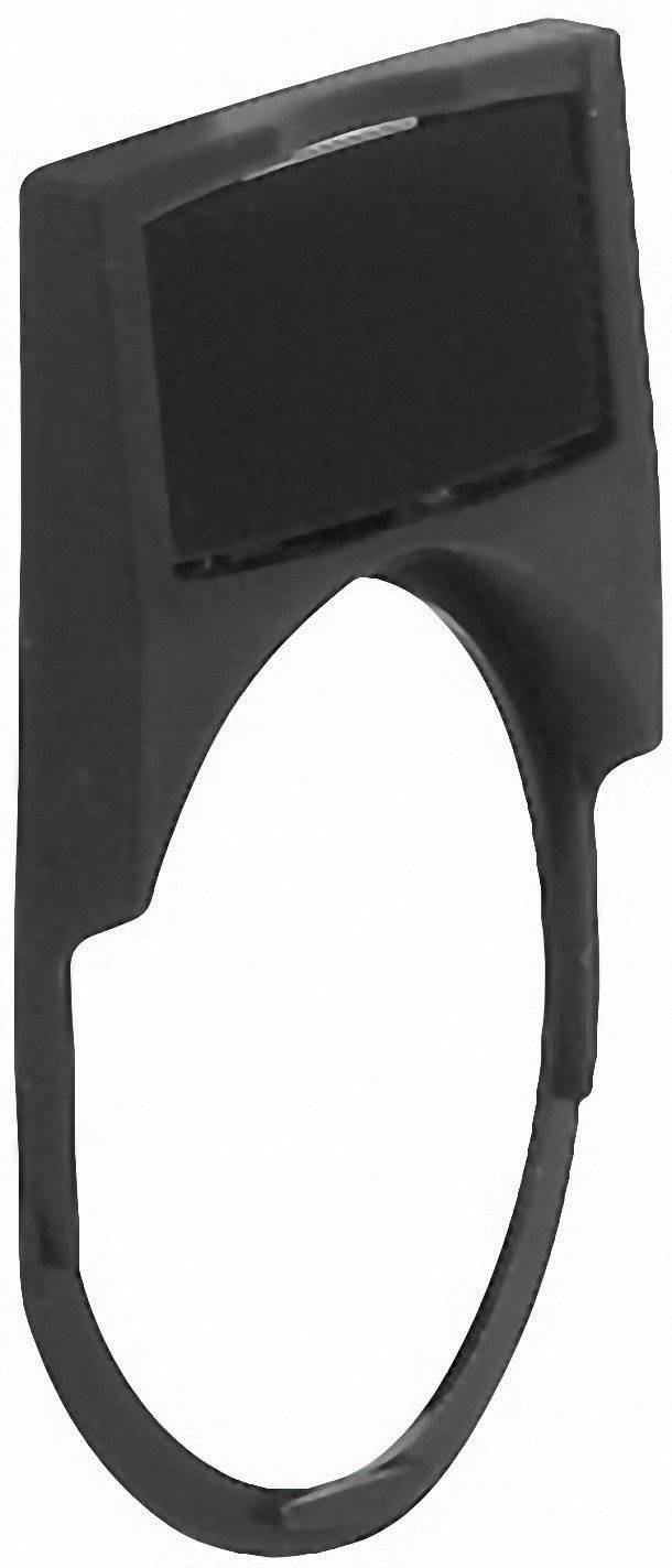 Un support de jeton de caddie noir en plastique, de forme annulaire avec une surface supérieure rectangulaire, généralement utilisé comme jeton pour les chariots de supermarché.