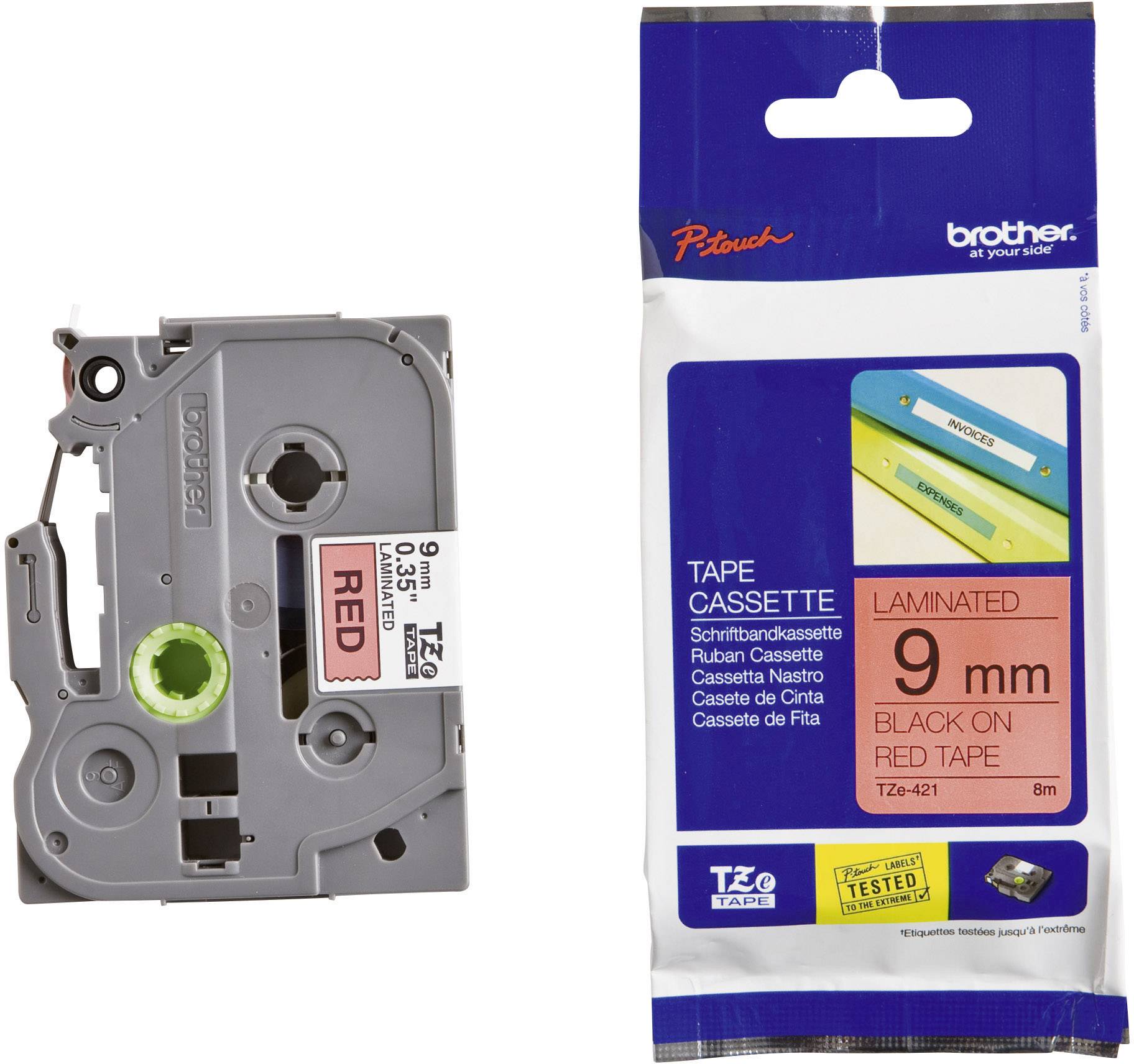 L'illustration montre une cassette d'étiquetage Brother TZe-421, 9 mm, avec un ruban rouge et un texte noir, à côté de son emballage.
