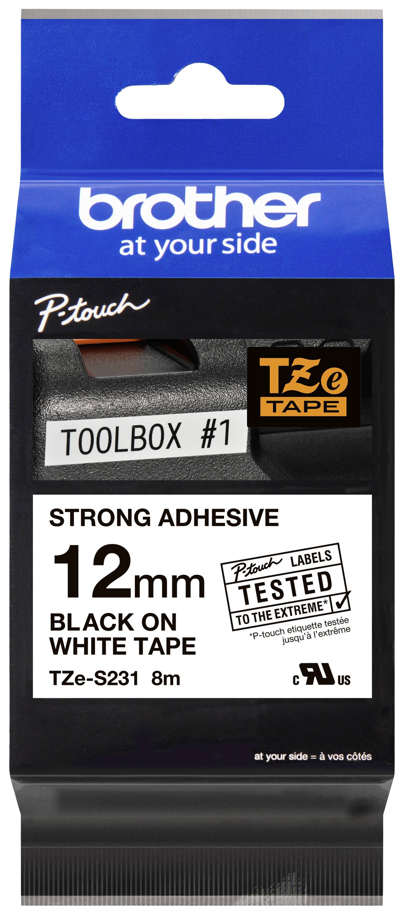 Emballage Brother P-touch pour ruban adhésif noir sur blanc de 12 mm (TZ-s231), adapté aux étiqueteuses.