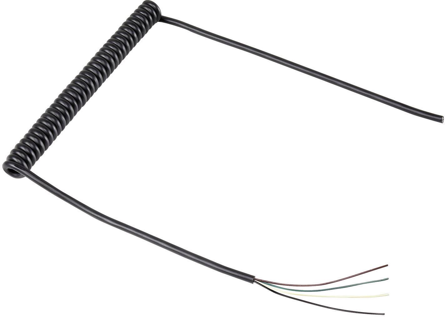 Câble spiralé avec quatre extrémités de fils dénudées, adapté aux connexions électroniques ou aux réparations.
