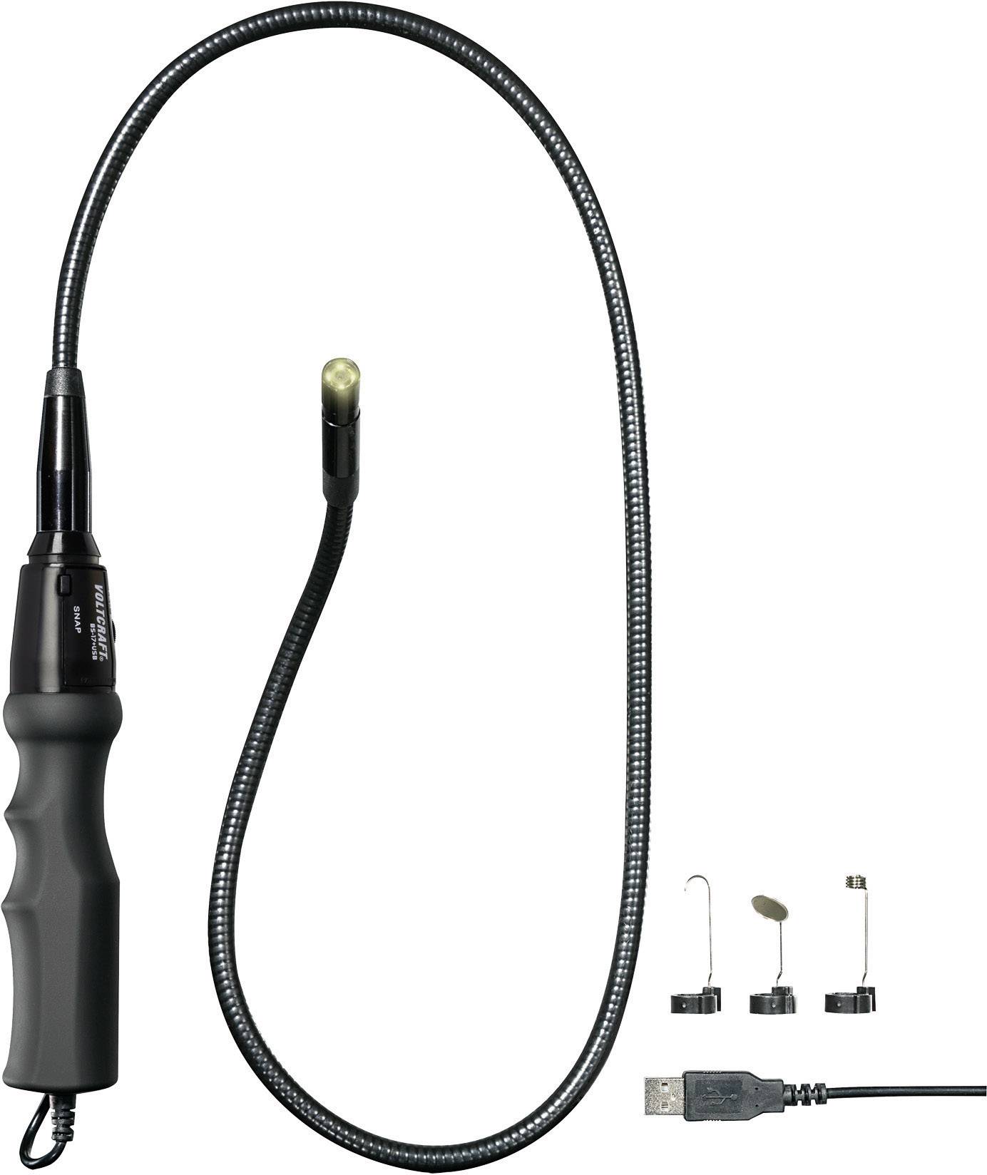 Caméra endoscopique avec câble flexible, poignée et connexion USB. Trois embouts interchangeables pour différentes utilisations.
