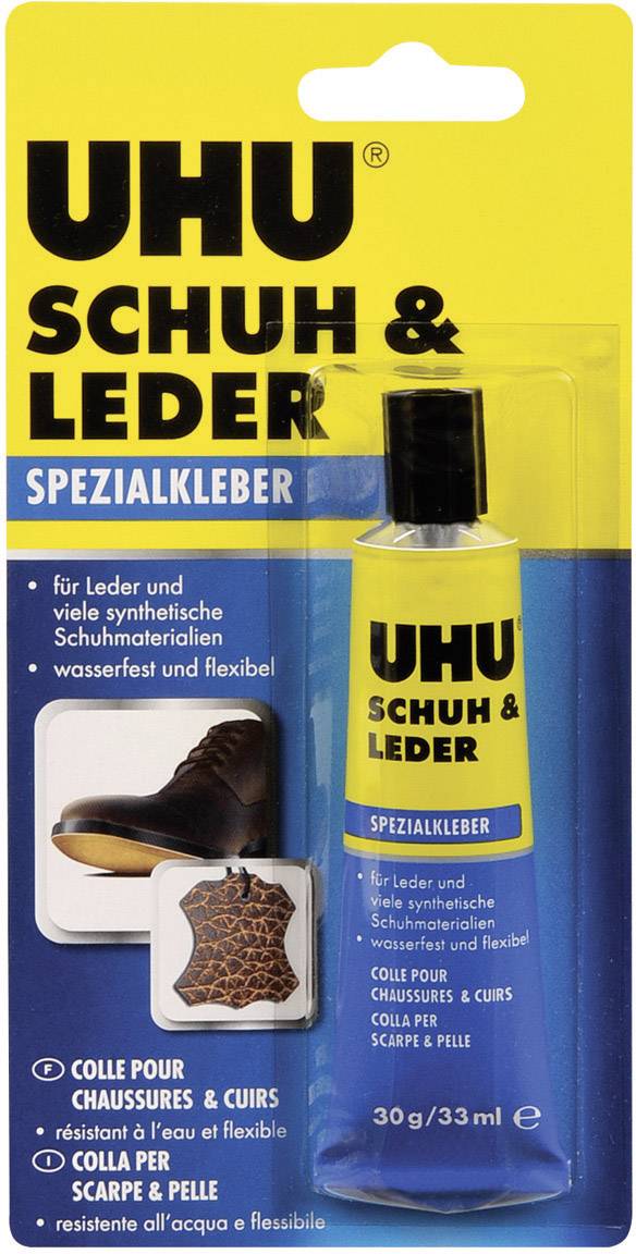Emballage d'une colle spéciale UHU, adaptée au cuir et aux matériaux synthétiques pour chaussures, tube de 30g illustré sur le devant.