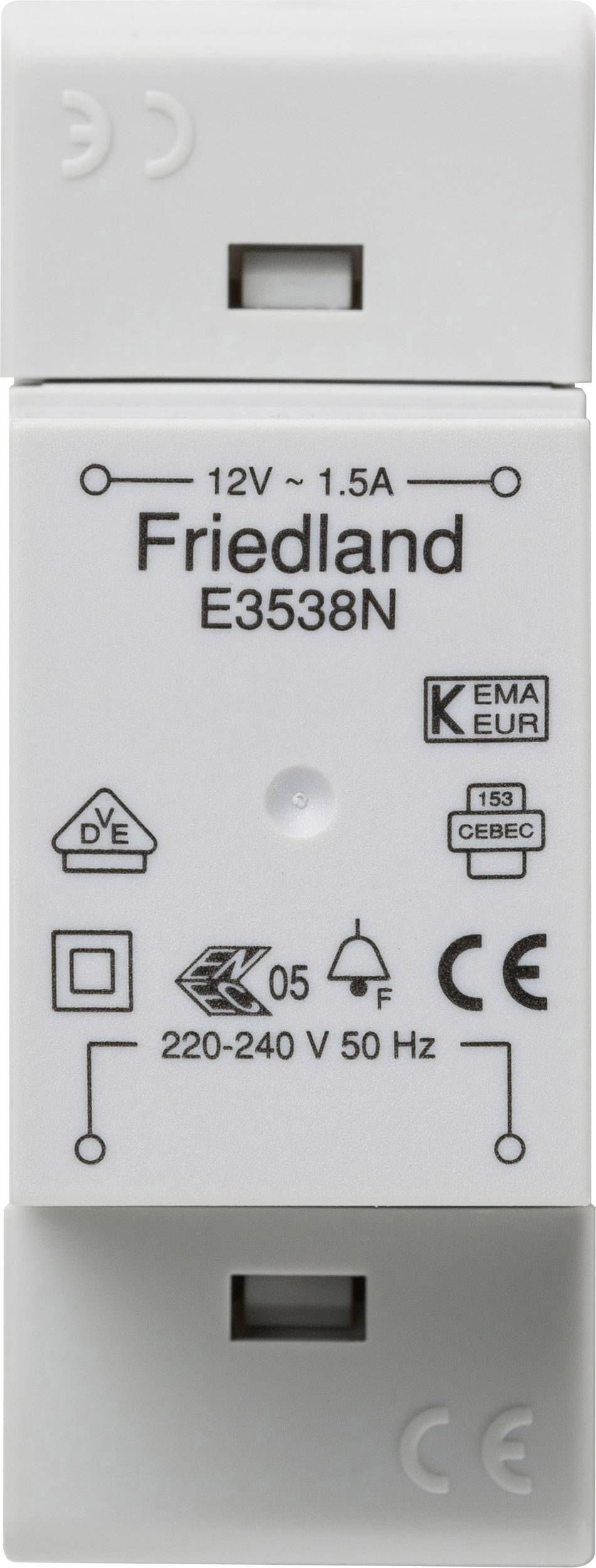 Module de sonnette électrique Friedland E3538N, adapté pour 12V, 1,5A, tension de fonctionnement 220-240V, 50Hz. Certifié CE et KEMA-KEUR.
