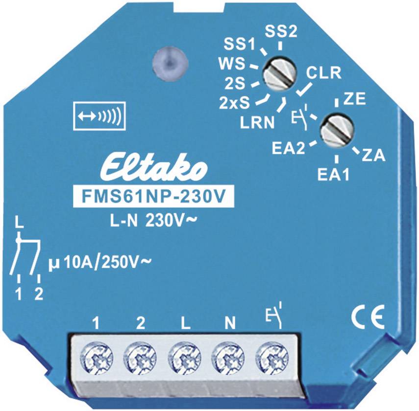 Acteur radio Eltako bleu FMS61NP-230V. Inscription : 'L-N 230V', 'µ10A/250V'. Plusieurs connexions et interrupteurs sur la face avant.