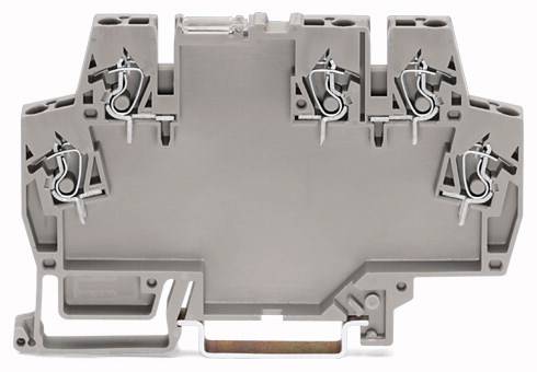 Bloc de jonction électrique gris avec pinces métalliques. Adapté pour une utilisation dans les boîtiers électriques.