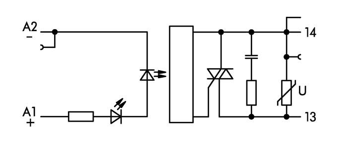 Diagramme d'un circuit électronique avec des diodes, des résistances et des condensateurs, montrant les points de connexion A1, A2, 13, 14, U.