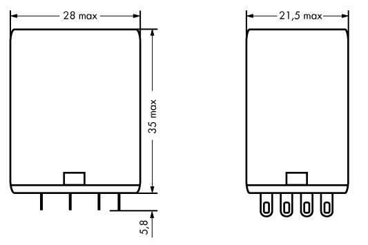 Dessin technique de deux composants rectangulaires avec dimensions : À gauche 28x35x5,8 mm, à droite 21,5x35 mm. Les deux ont des broches de connexion en bas.