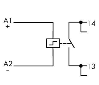 Symbole de commutation d'un relais : Bobine avec bornes A1(+) et A2(-), connectée à un contact inverseur entre les bornes 13 et 14.