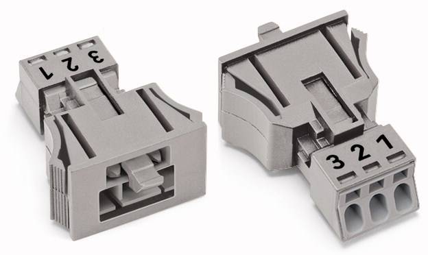 Deux connecteurs électriques gris avec des bornes numérotées, conçus pour faciliter le raccordement des câbles.