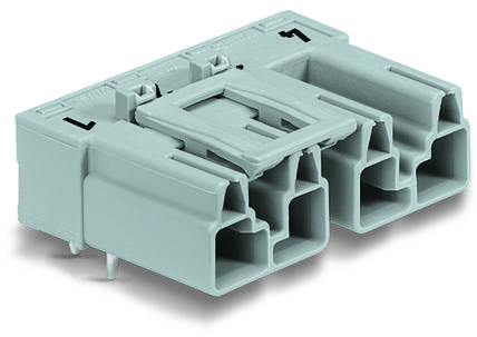 Un connecteur rectangulaire gris avec plusieurs broches, disponible chez RS Components.