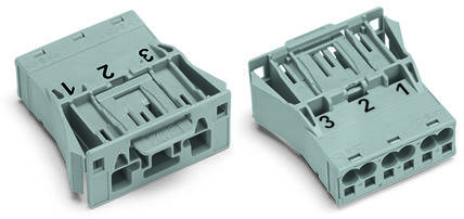 Deux connecteurs gris avec des bornes numérotées de 1 à 3. À gauche : connecteur plat. À droite : connecteur avec trois trous.