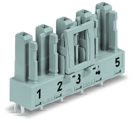 Module de connecteur gris avec cinq emplacements numérotés, marqués de 1 à 5, sur un fond blanc.