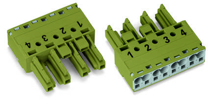 Deux fiches vertes étiquetées, numérotées de 1 à 4, pour les connexions électriques sur des circuits imprimés, avec huit emplacements de branchement.