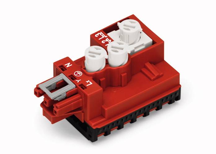 Fiche électrique rouge rectangulaire avec deux emplacements blancs et étiquetés 'L', 'N'. Compacte et adaptée pour les connexions électriques.