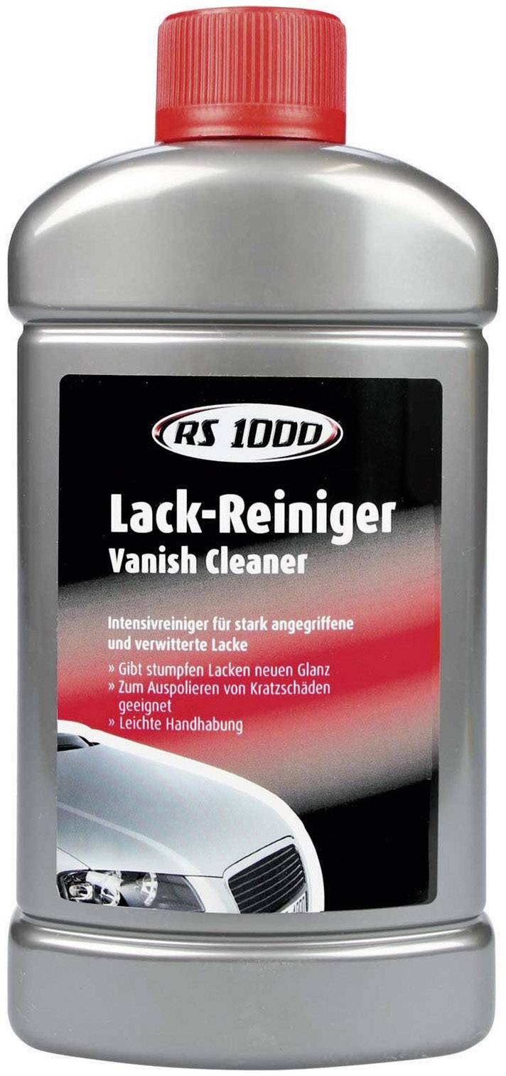 Bouteille argentée avec bouchon rouge. Étiquette : « RS 1000 Nettoyant Vernis Vanish ». Promet brillance et protection contre les rayures pour la peinture. Image d'une voiture en bas.