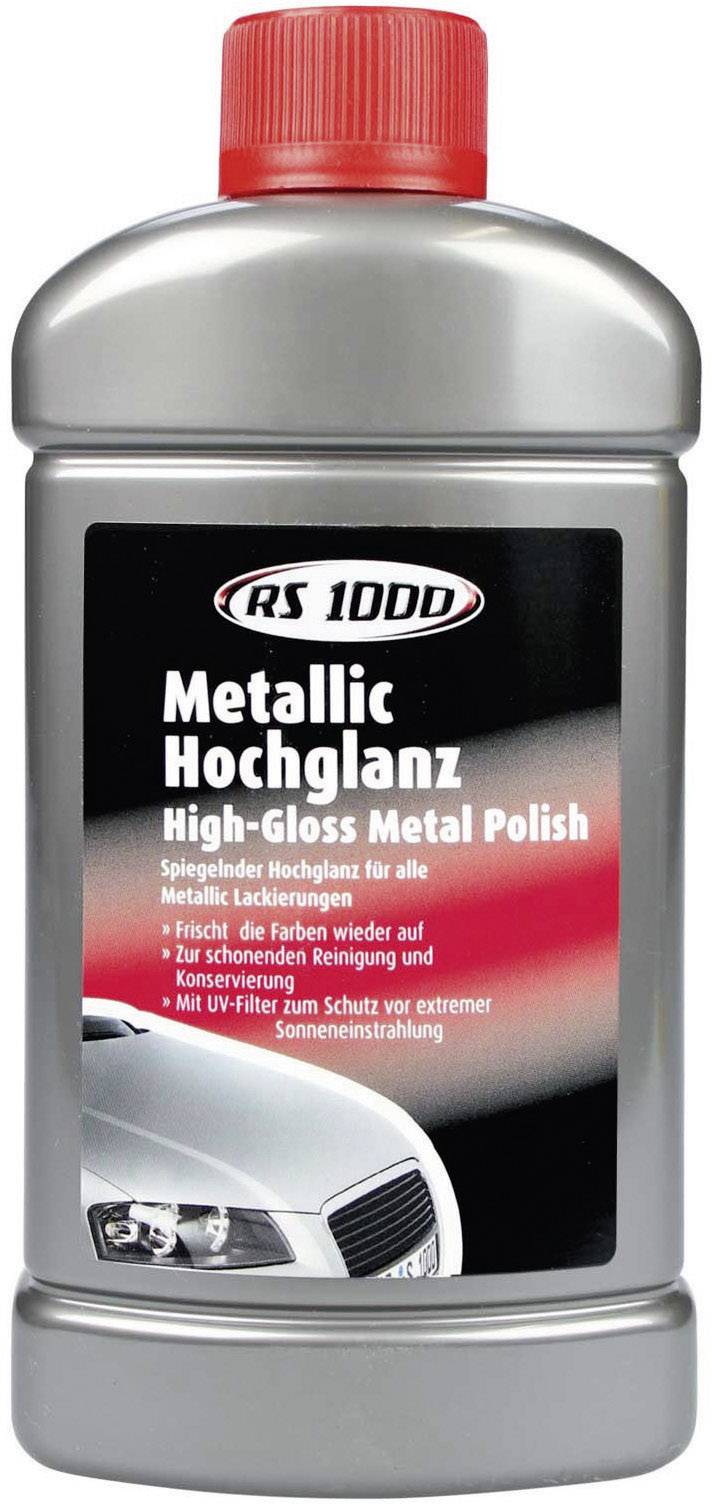 Bouteille de polish métallique haute brillance avec couvercle rouge, étiquette décrivant les caractéristiques et l'application pour les métaux peints automobiles.