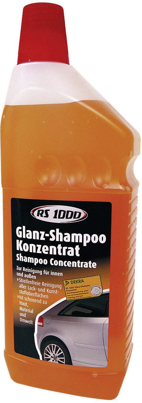 'Bidon orange de concentré de shampooing pour le lavage automobile, marque RS 1000, avec image d'une voiture sur l'étiquette, sceau DEKRA.'