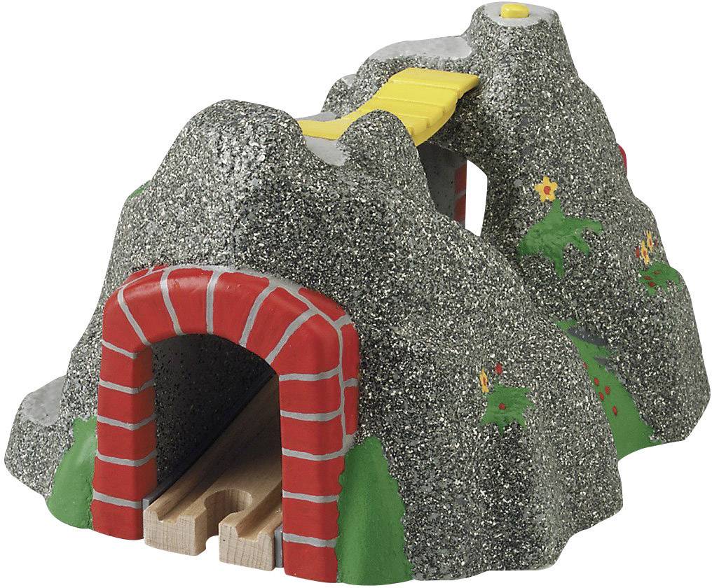 Tunnel de chemin de fer pour jouet en plastique gris, avec une entrée rouge, un pont jaune en haut et des peintures de fleurs sur les côtés.