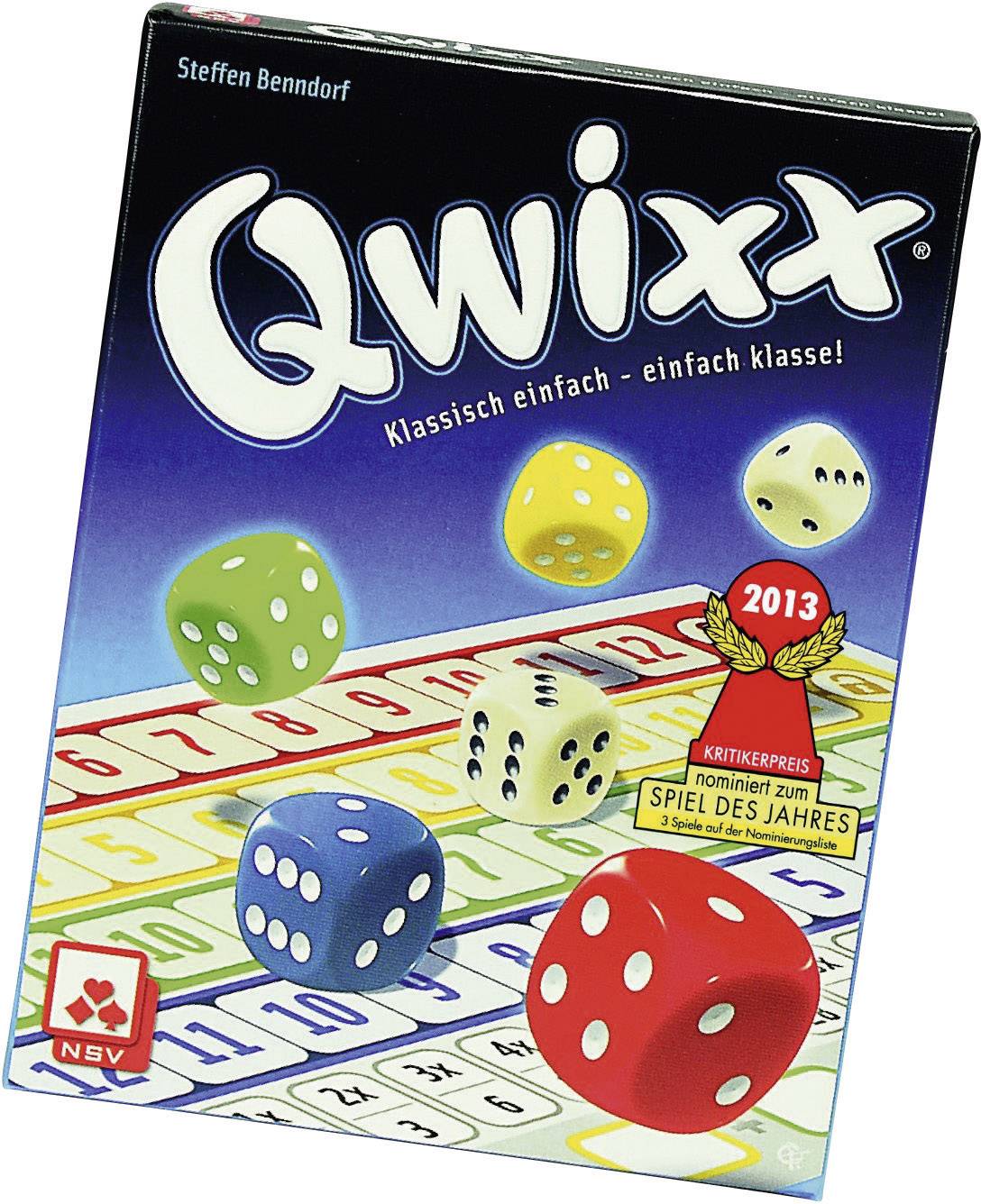 Boîte de jeu de société 'Qwixx', montrant des dés colorés et des cartes de jeu avec des numéros. Impression : 'Nominé pour le Prix des Critiques Jeu de l'Année 2013'.