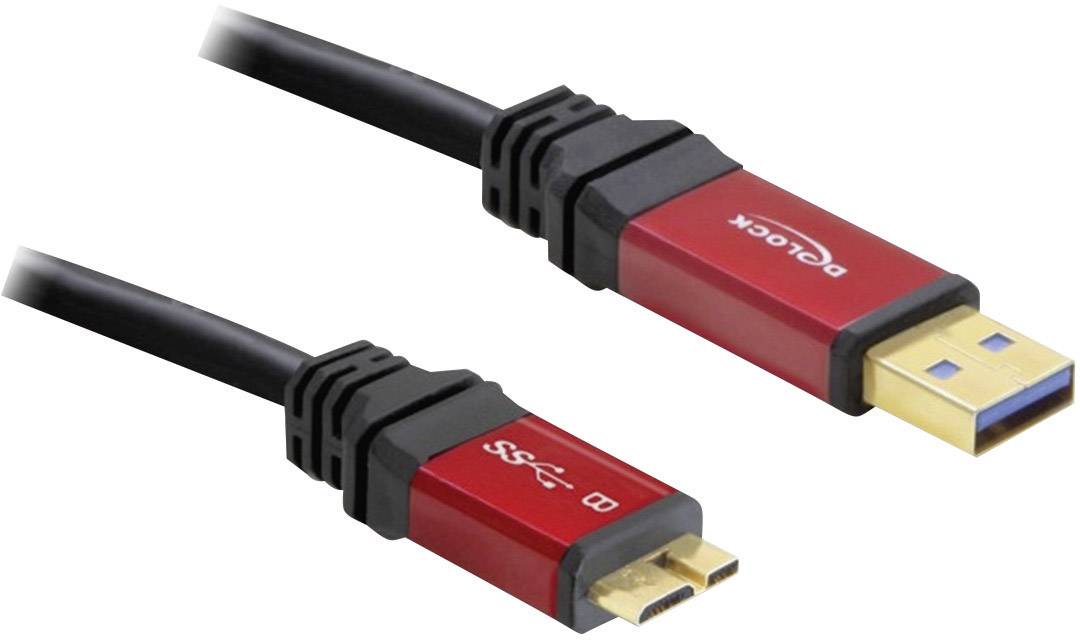 Câble USB 3.0 avec deux connecteurs : un connecteur USB de type A et un connecteur Micro-B, tous deux dans un boîtier rouge avec un câble noir.